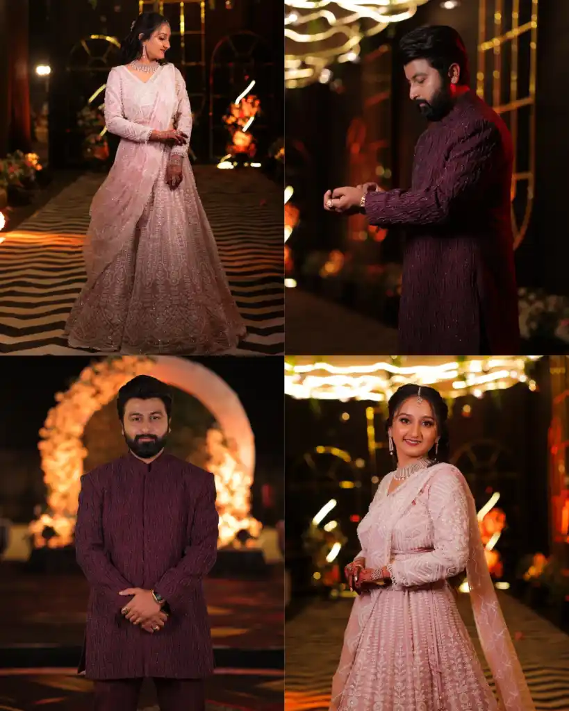 Reception portraits of the couple under warm night lighting